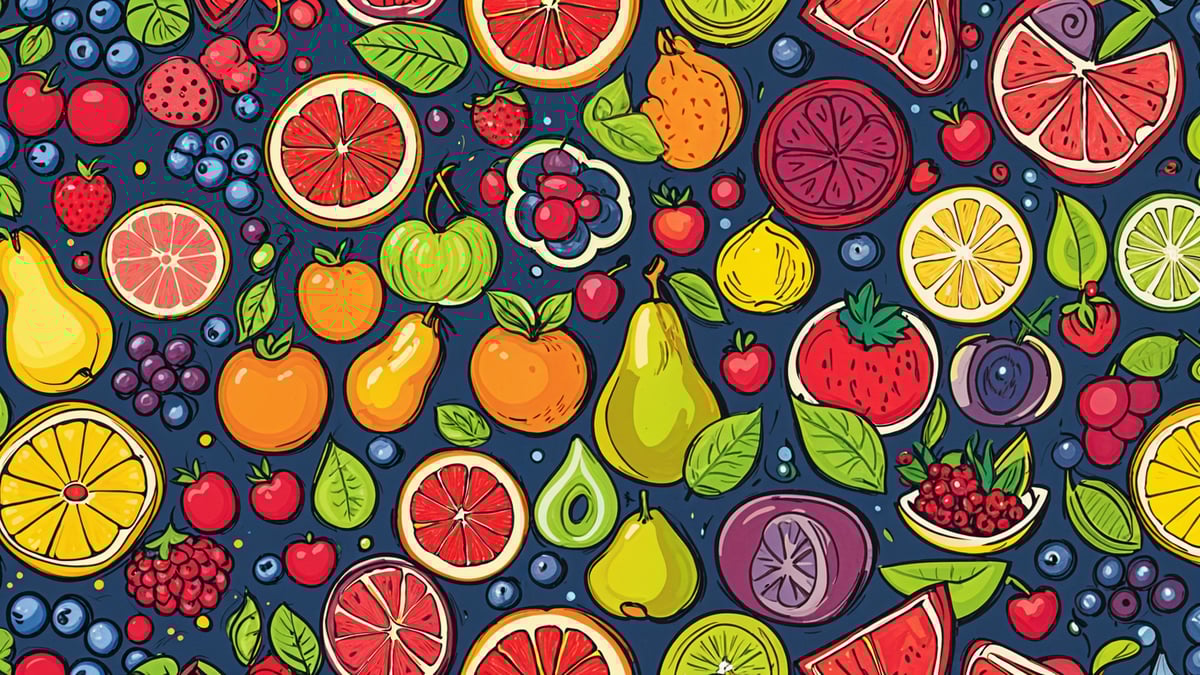 A fruit pattern with lemons, oranges, pears, apples, strawberries, blueberries, and peaches.