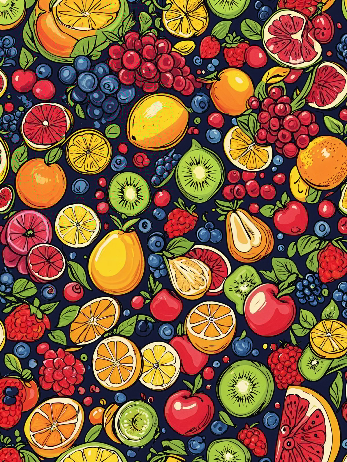 Fruit design with a variety of fruits such as apples, oranges, lemons, pears, blueberries, raspberries, and kiwi.