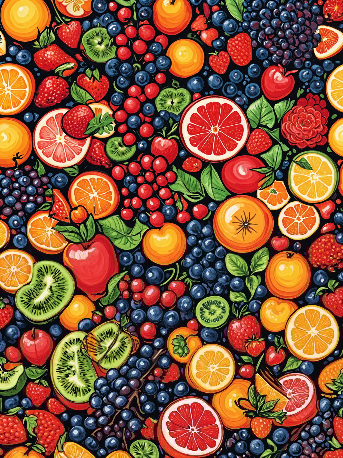A colorful fruit design with a variety of fruits such as apples, oranges, and strawberries.