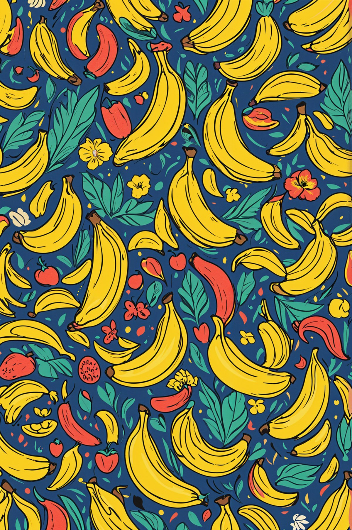 A pattern of bananas and apples on a blue background.