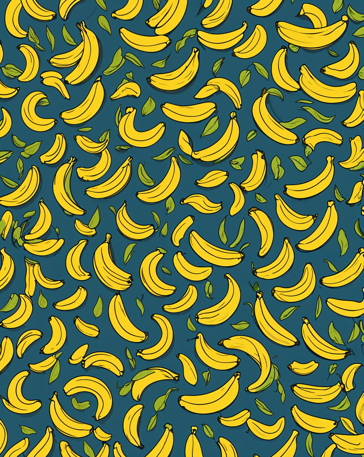 A pattern of bananas and leaves on a blue background. The bananas are yellow and the leaves are green.