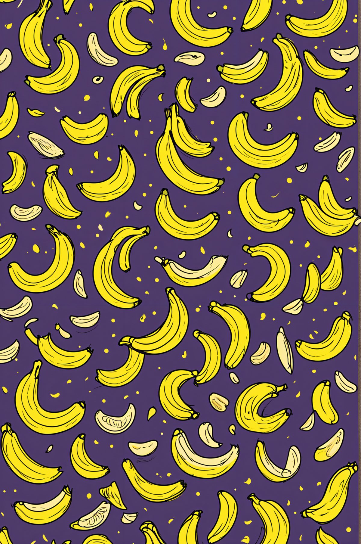 A pattern of bananas on a purple background. The bananas are in various positions and orientations, creating a visually interesting and unique design. The bananas are drawn in a cartoon style, adding a playful and fun touch to the overall look of the image.