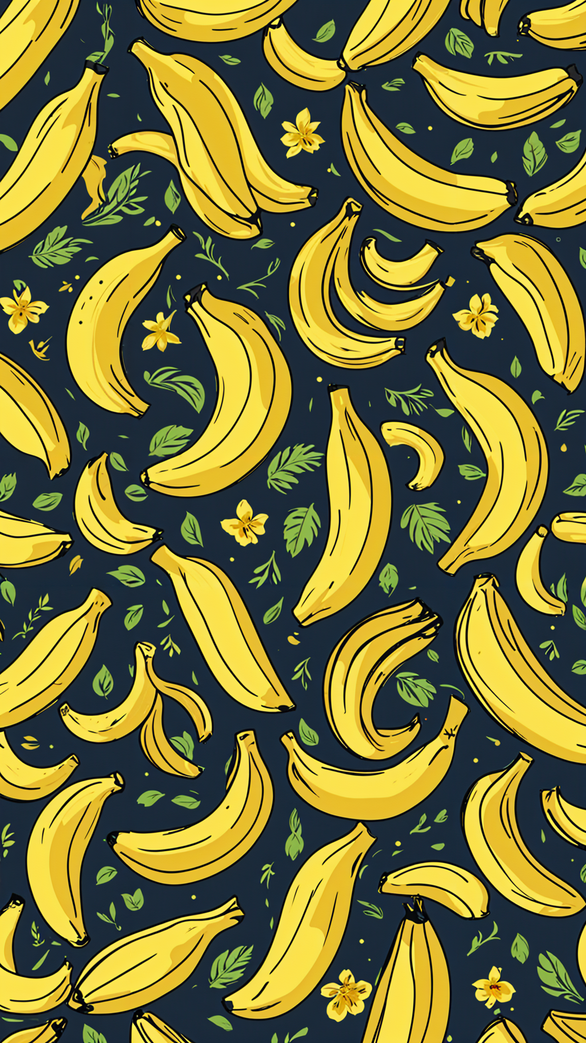 A pattern of bananas with leaves and flowers on a blue background. The bananas are in various positions and angles, creating a visually appealing design.