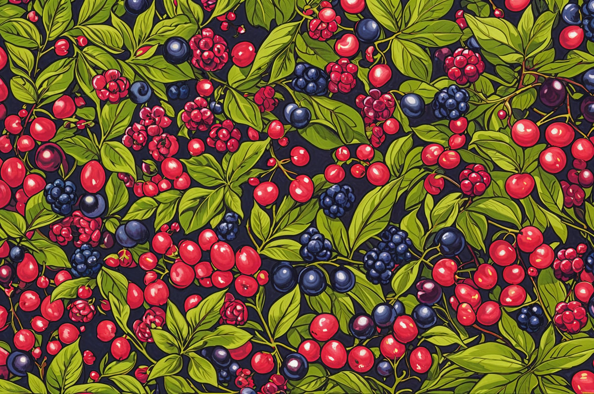 A painting of berries with green leaves. The berries are red and blue and are arranged in a visually pleasing manner. The leaves are green and add a natural touch to the artwork.