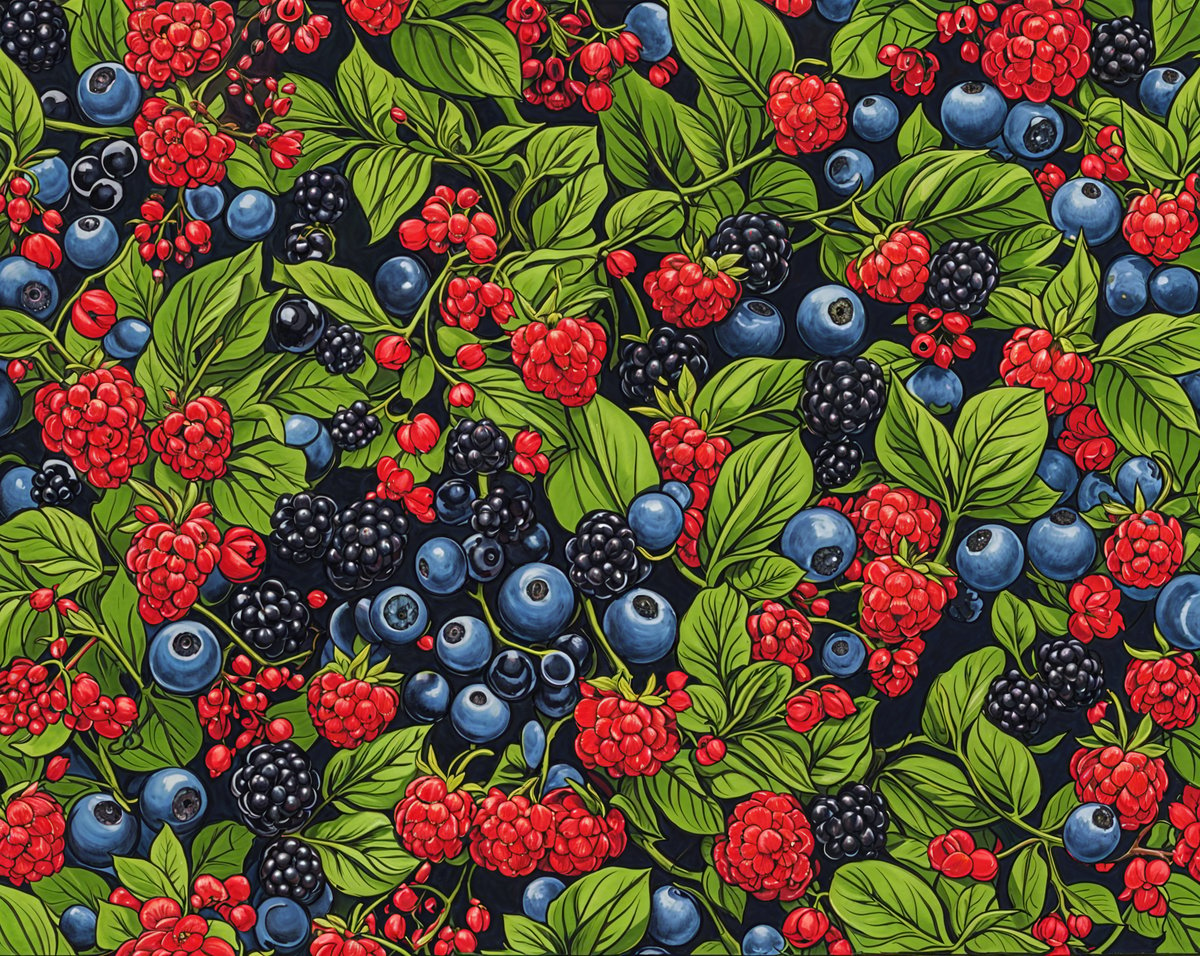 A painting of berries, including blueberries, raspberries, and blackberries. The berries are arranged in a visually appealing pattern, creating a lively and eye-catching design.