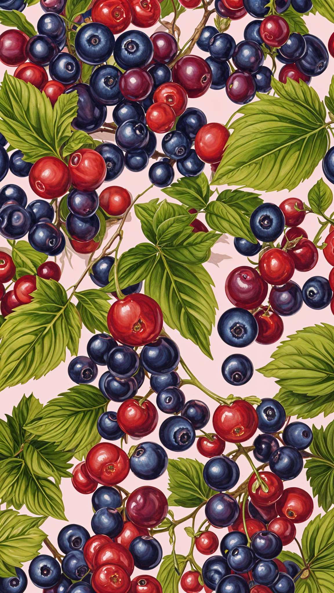 A painting of blueberries and red cherries hanging from a tree. The image is colorful and detailed, capturing the essence of the fruit.