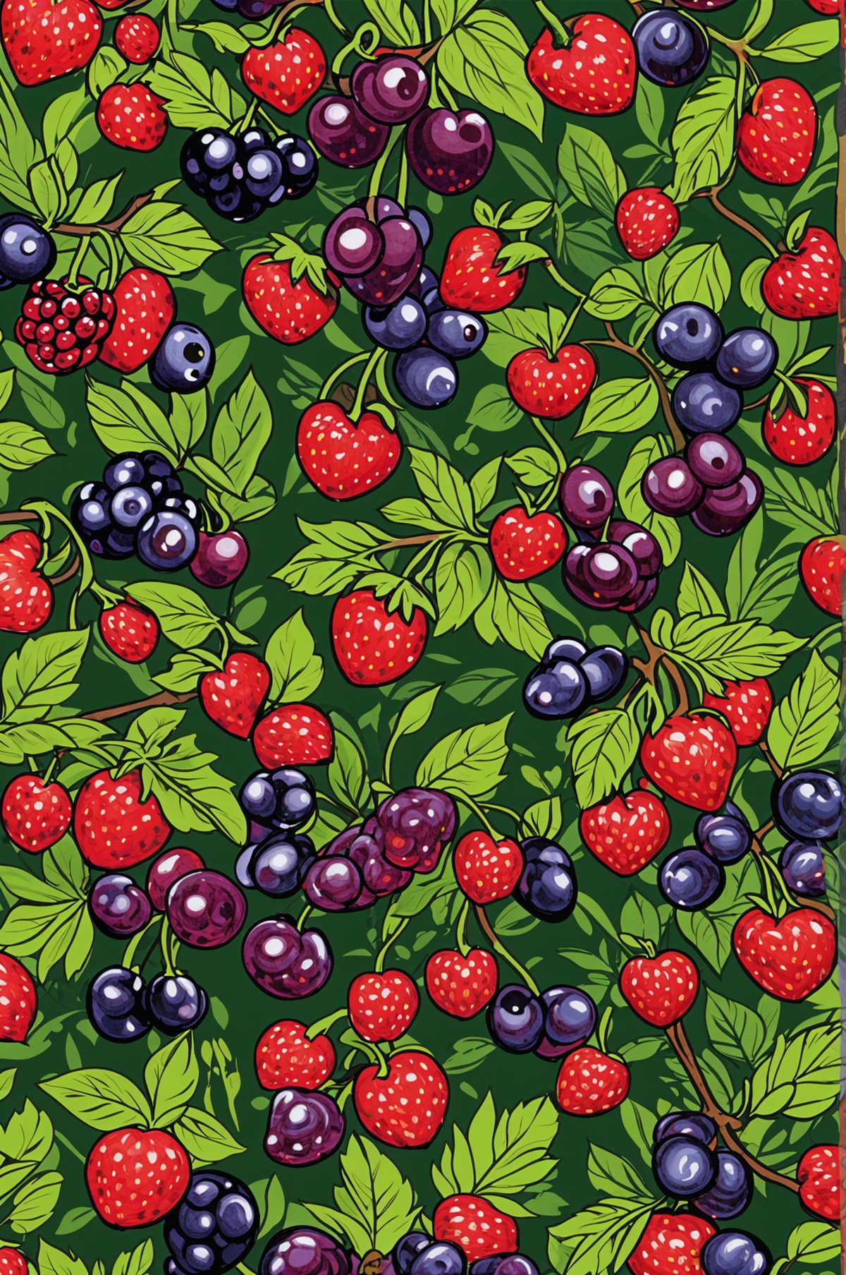 A pattern of berries and strawberries on a green background.