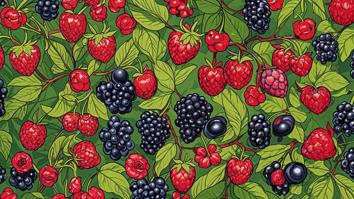 A painting of berries and strawberries on a green background