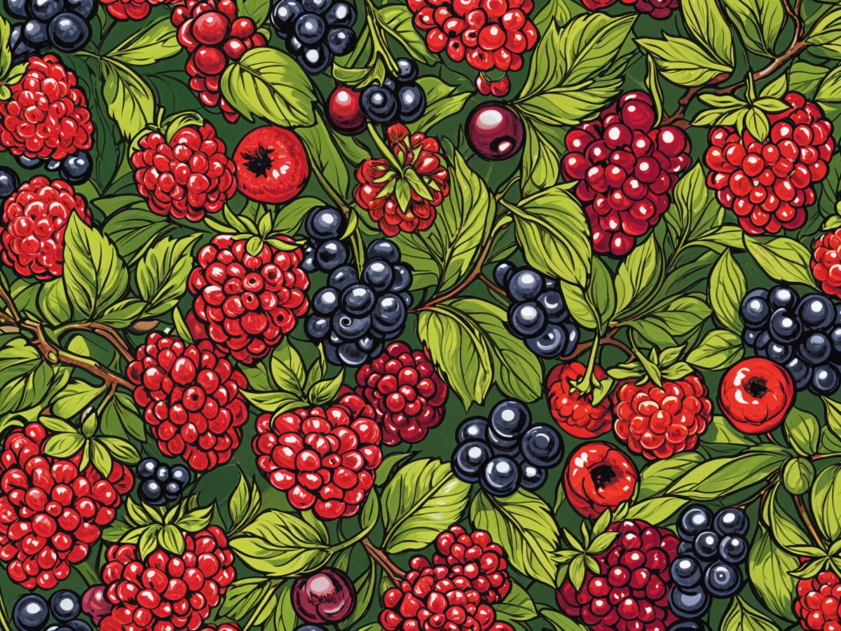 Colorful berries and fruits arranged in a visually appealing pattern.