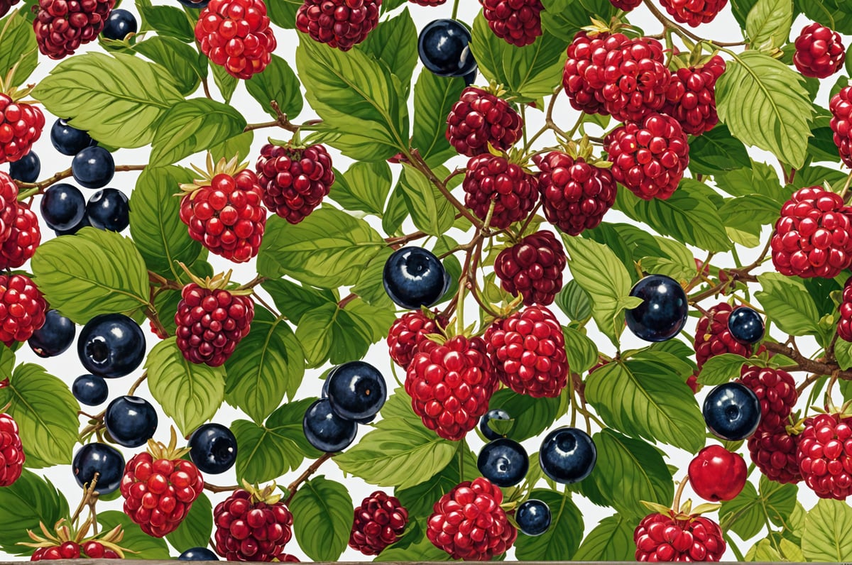 A painting of a bushel of berries, including raspberries and blueberries. The berries are lush and green, with some red raspberries mixed in. The painting is done in a watercolor style, giving it a fresh and vibrant appearance.