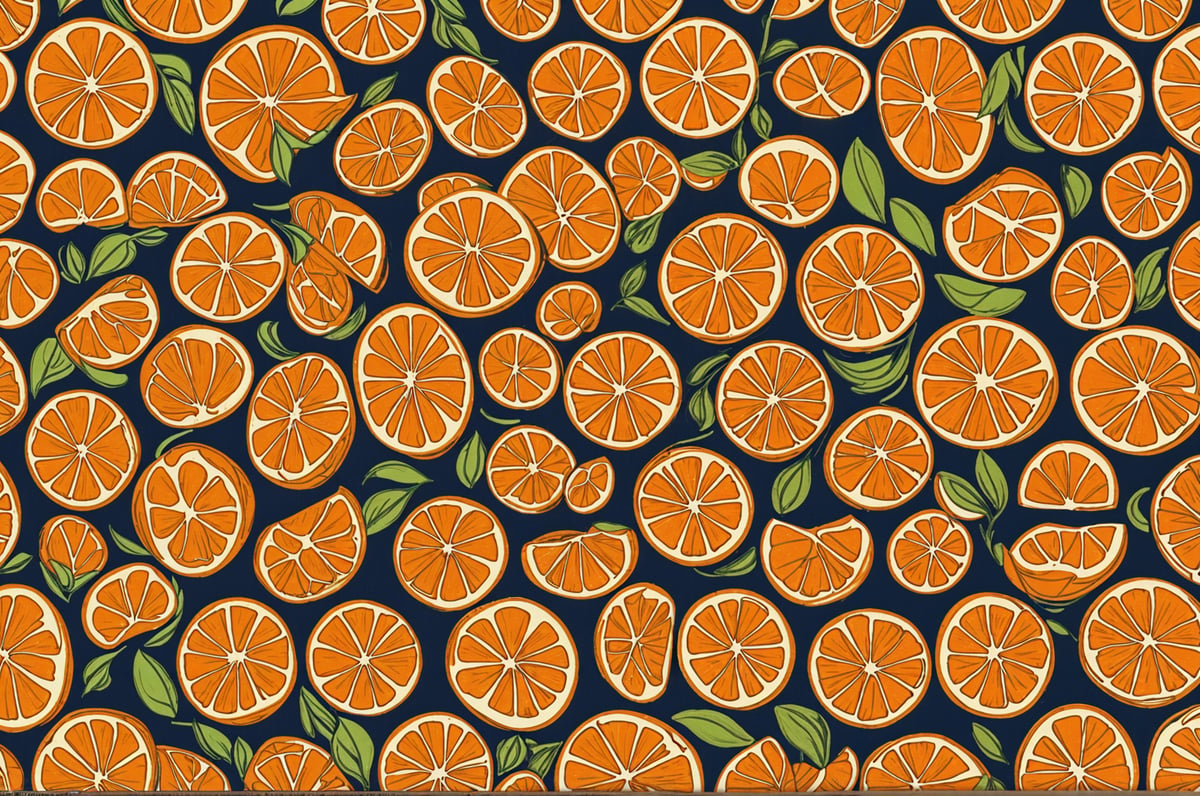 A pattern of oranges on a blue background with green leaves. The oranges are arranged in a circular pattern, with some overlapping each other. The leaves are positioned around the oranges, adding a touch of greenery to the design.