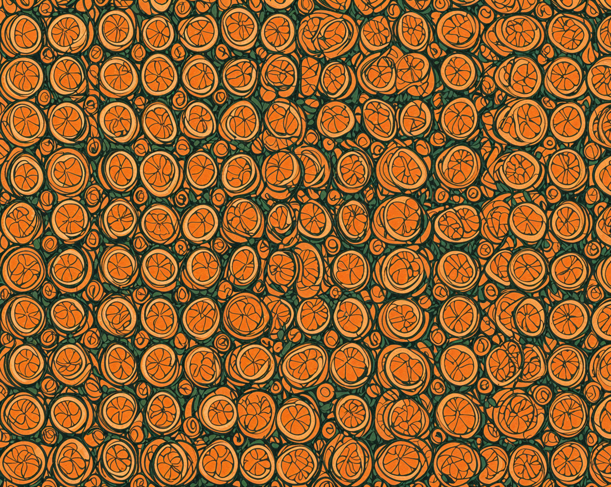 A circular arrangement of oranges in a colorful design.