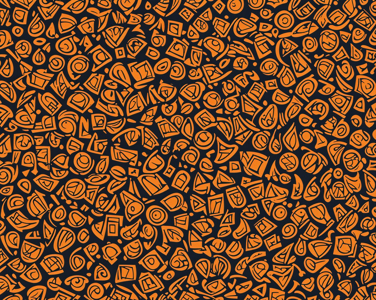 A patterned orange and black surface with a variety of shapes and designs.