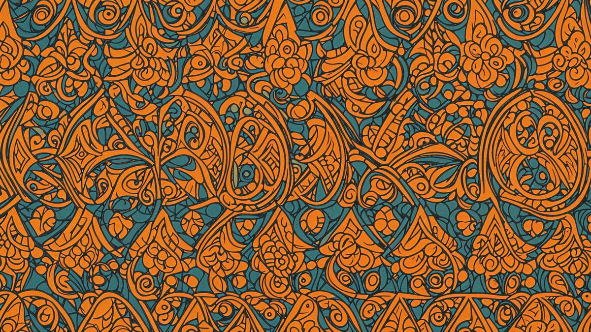 A pattern of orange and blue flowers arranged in a repeating pattern. The design is reminiscent of a Persian carpet.