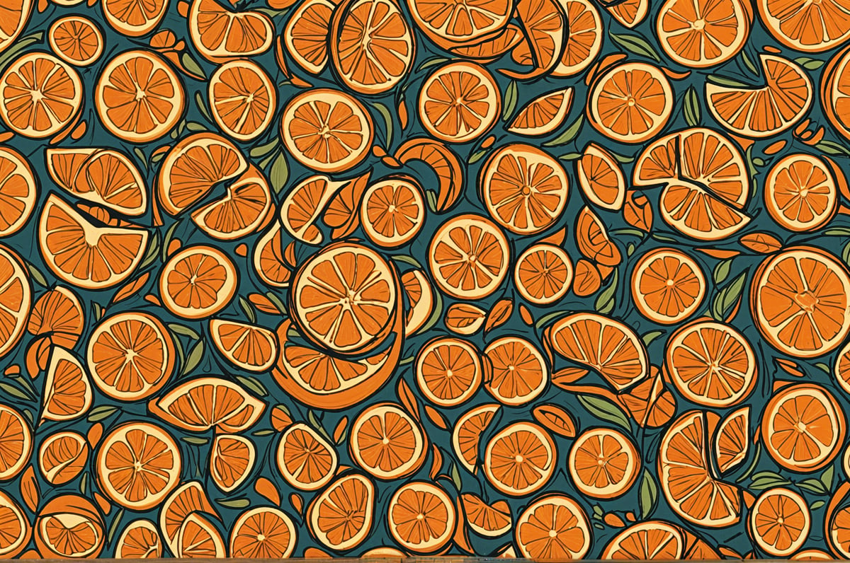 A painting of oranges in a Pop Art style, with a total of 14 oranges displayed in various positions and sizes.