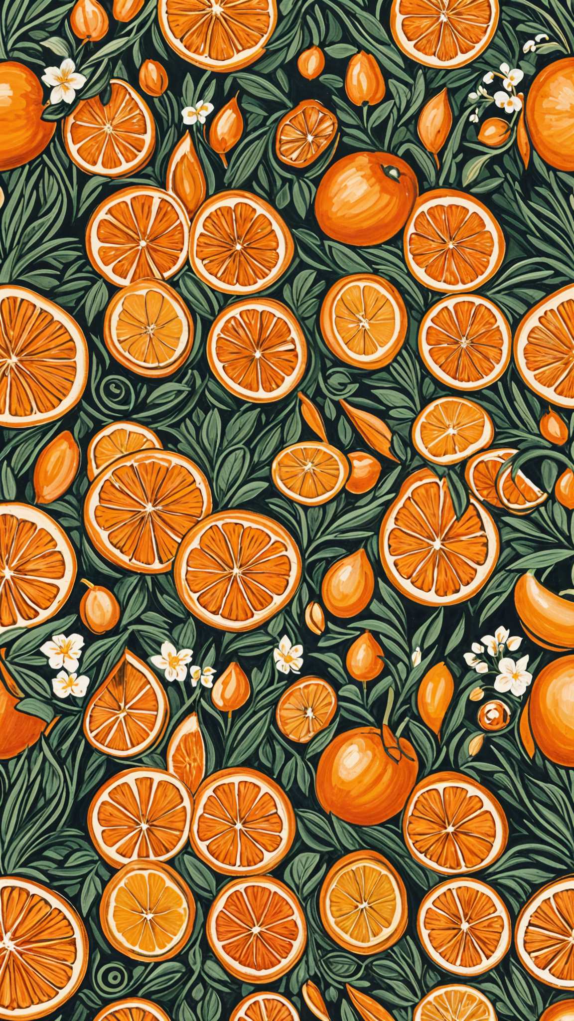 A painting of oranges and leaves in a vibrant and colorful design.