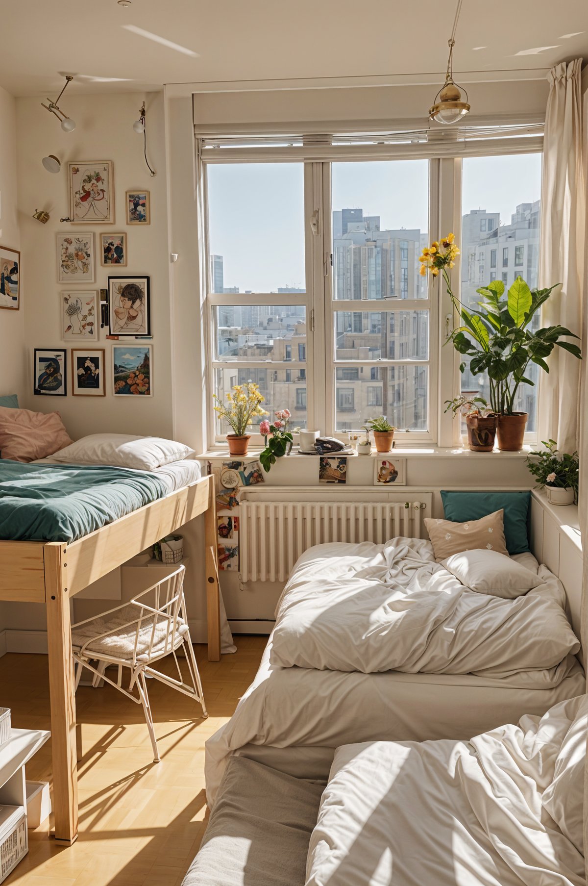 A dorm room with a bunk bed and potted plants. The room is decorated with pictures and has a cozy atmosphere.