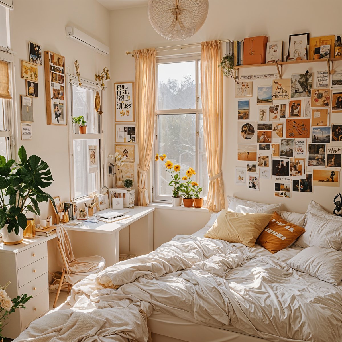 A dorm room with a white bed, a desk, and a window with yellow flowers. The room is decorated with pictures and plants, giving it a cozy and inviting feel.