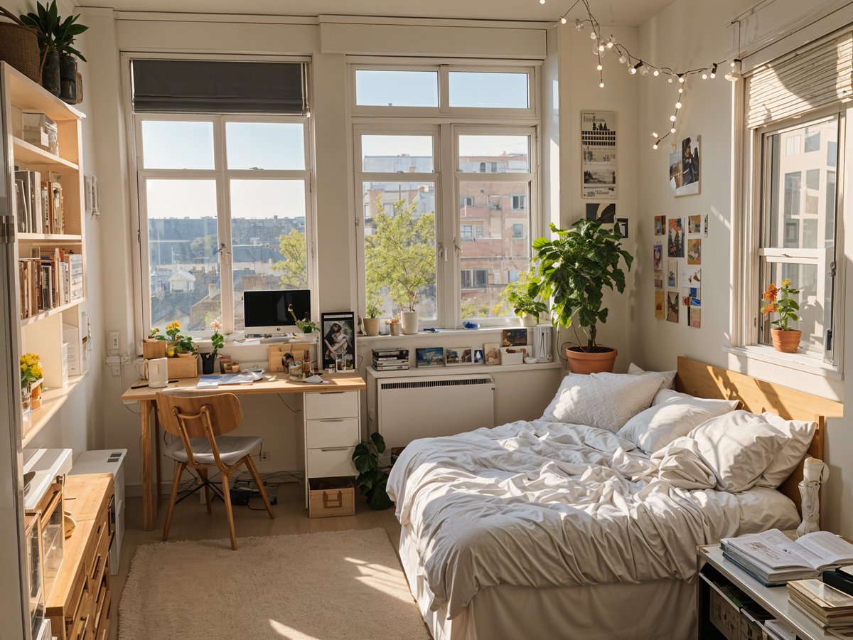 A bedroom with a bed, desk, and window. The room is filled with various items such as a computer, potted plant, and books.