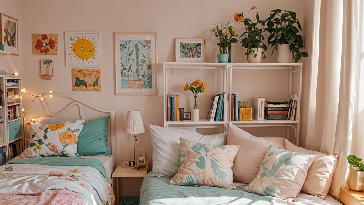 A simple dorm room with two beds, one with a pink and green comforter. The room is decorated with books, vases, and potted plants. There are two vases on the shelves, one with flowers and the other with a sunflower. The room also features a nightstand with a lamp and a clock.