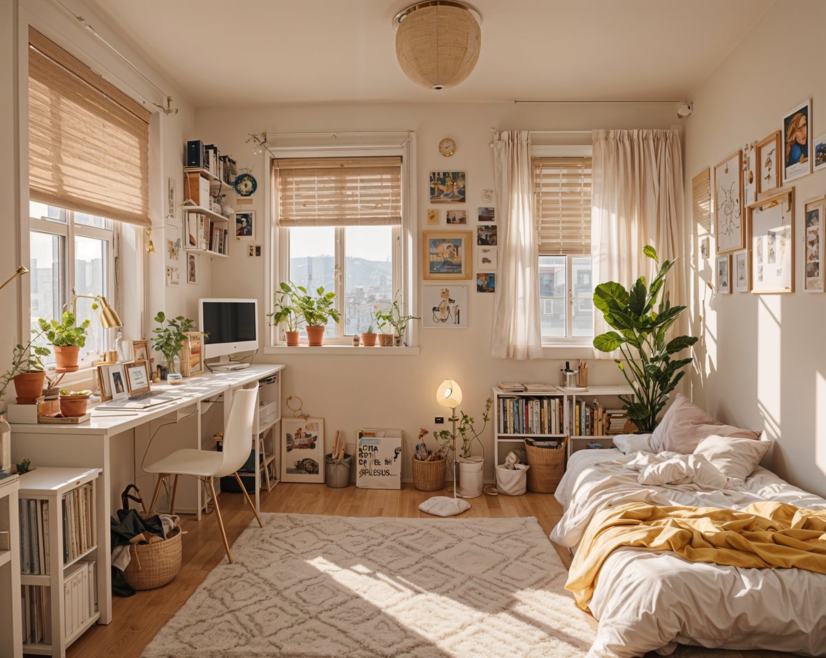 A dorm room with a bed, desk, and a large window. The room is decorated with various plants and pictures on the wall. The bed is covered with a yellow blanket and there is a rug on the floor.