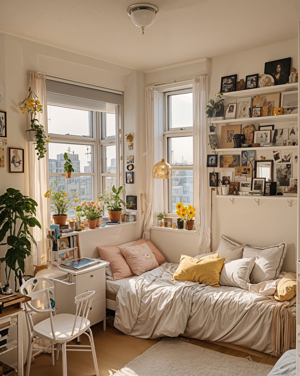 A cozy dorm room with a bed, chair, and desk. The room is decorated with pink pillows, a yellow blanket, and a variety of potted plants. The bed is situated next to a window, allowing for natural light to fill the space. The room also features a bookshelf filled with various books, adding to the lived-in atmosphere.