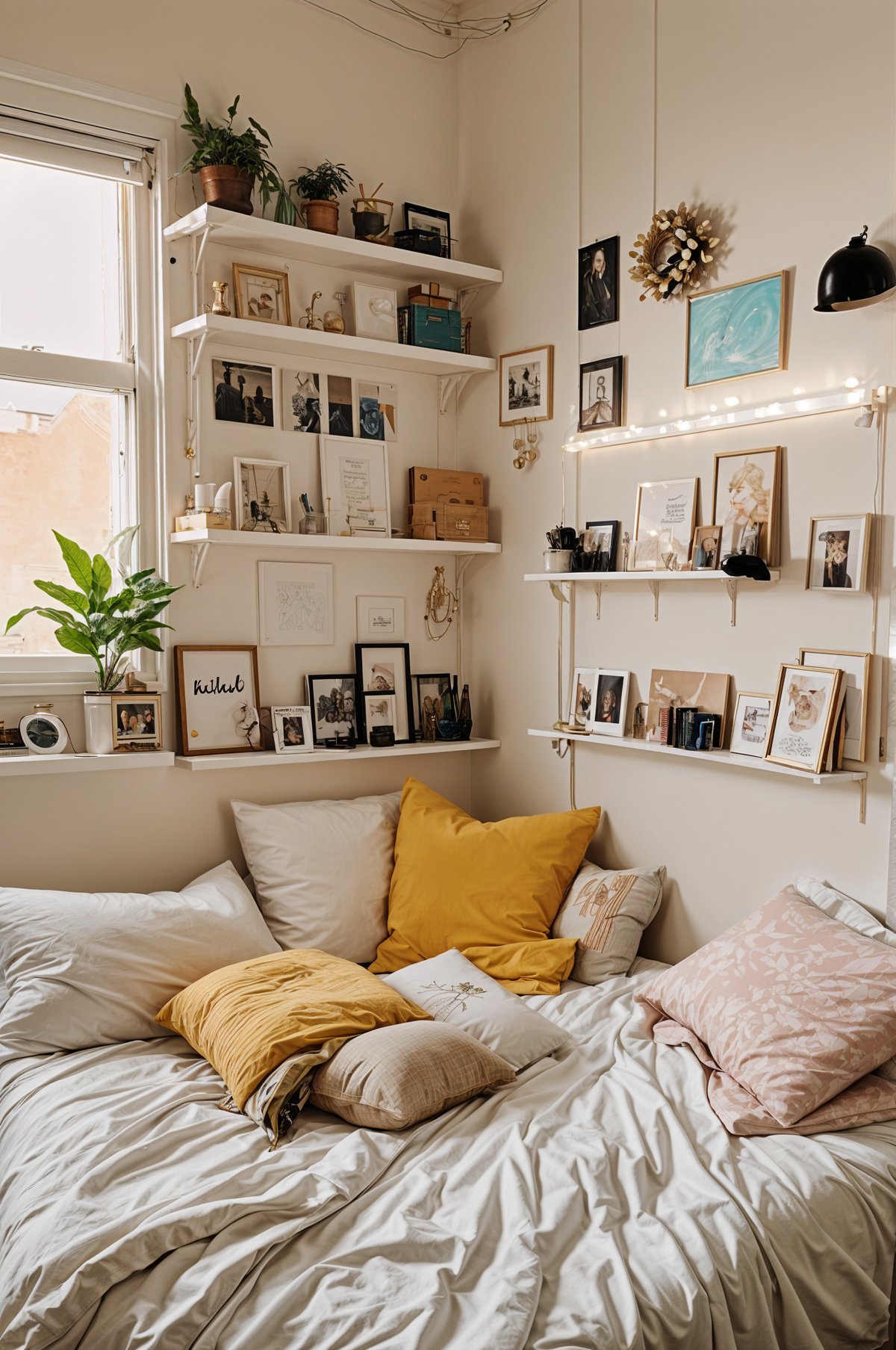 A bed in a dorm room with pillows and a book on it. The room is full of pictures on the walls.