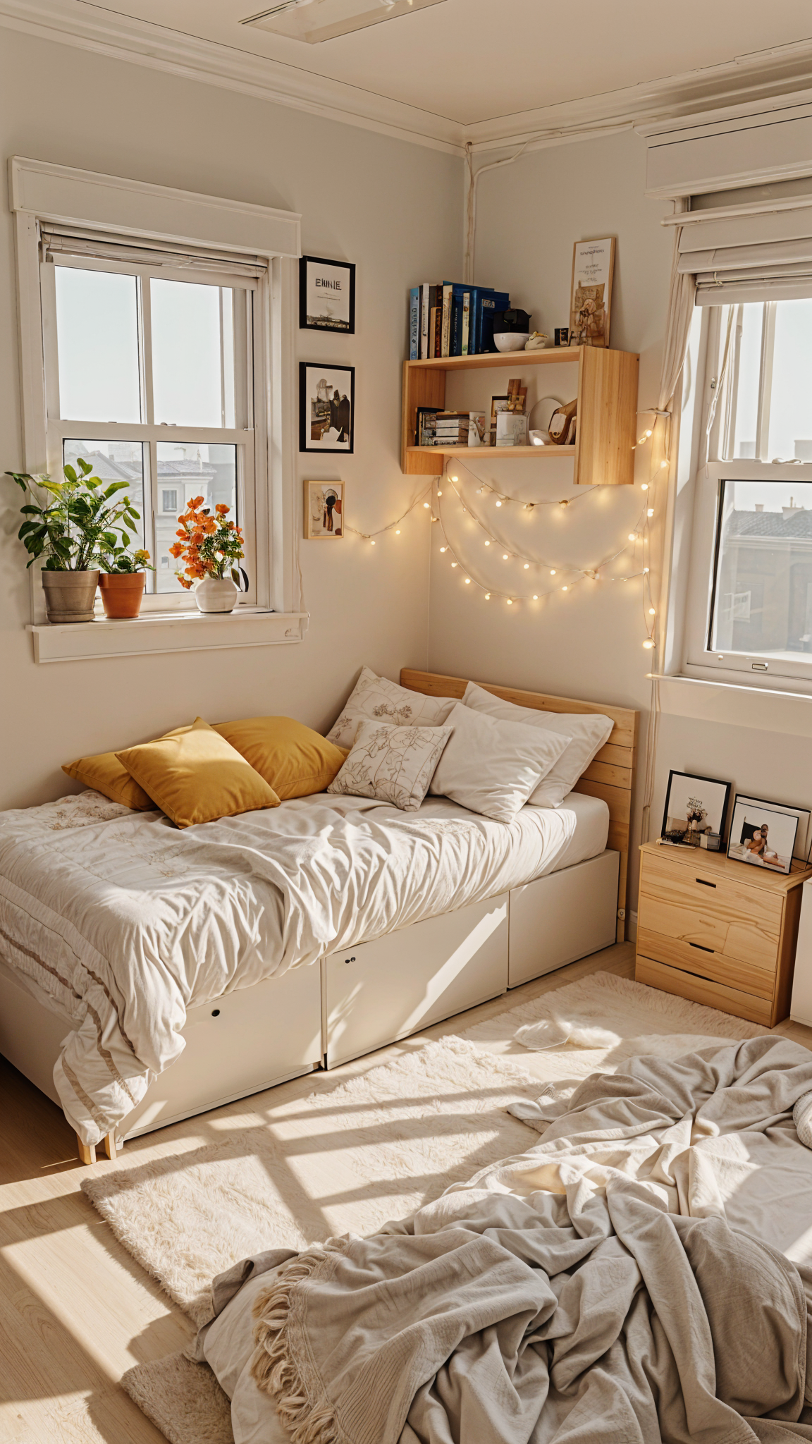 A bedroom with a bed, a window, and potted plants. The bed is neatly made with a white comforter and pillows.