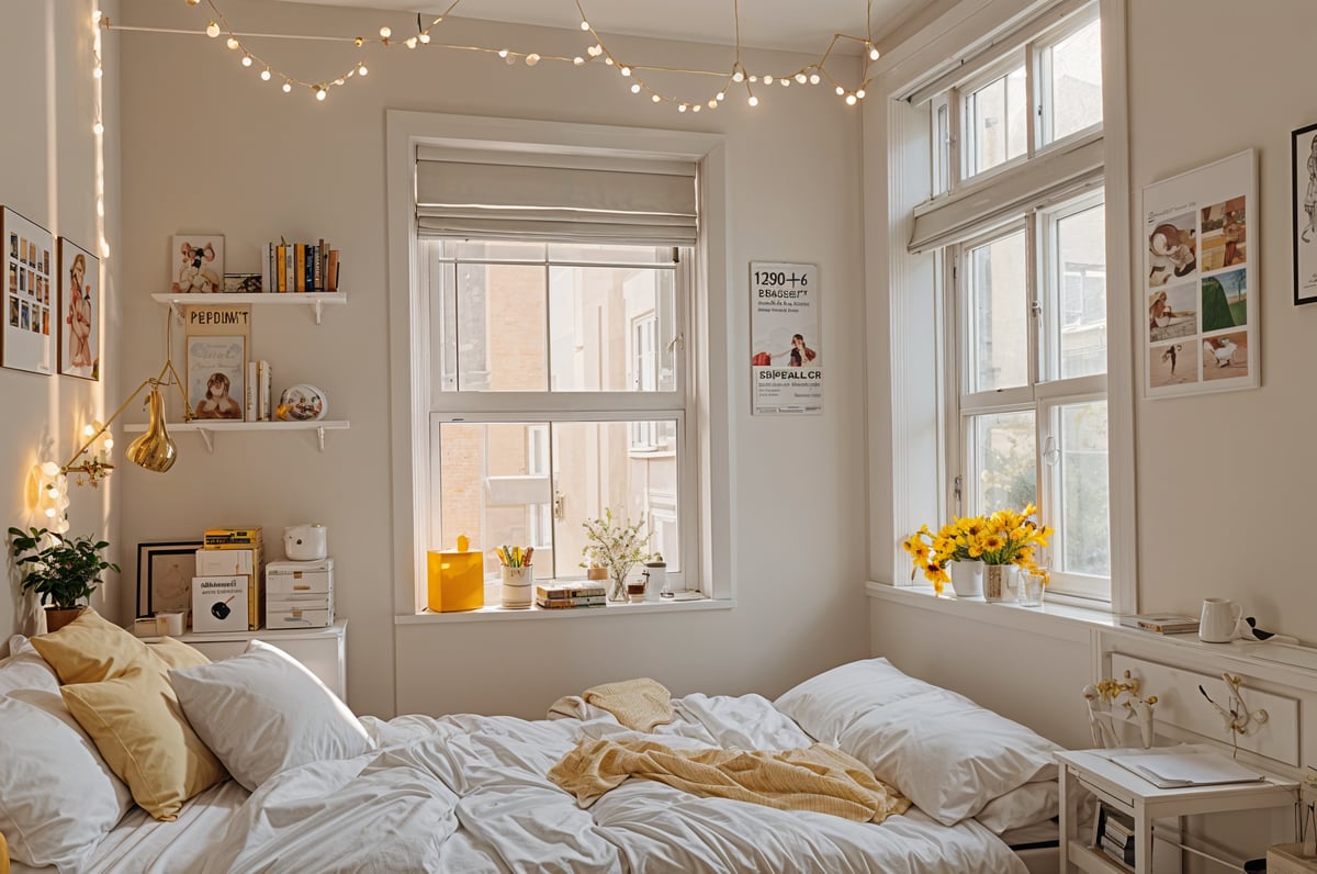 A cozy dorm room with a white bed and a window. The bed is covered with white sheets and a blanket, and there are yellow flowers in a vase on the windowsill. The room also features a bookshelf with various books and a potted plant.