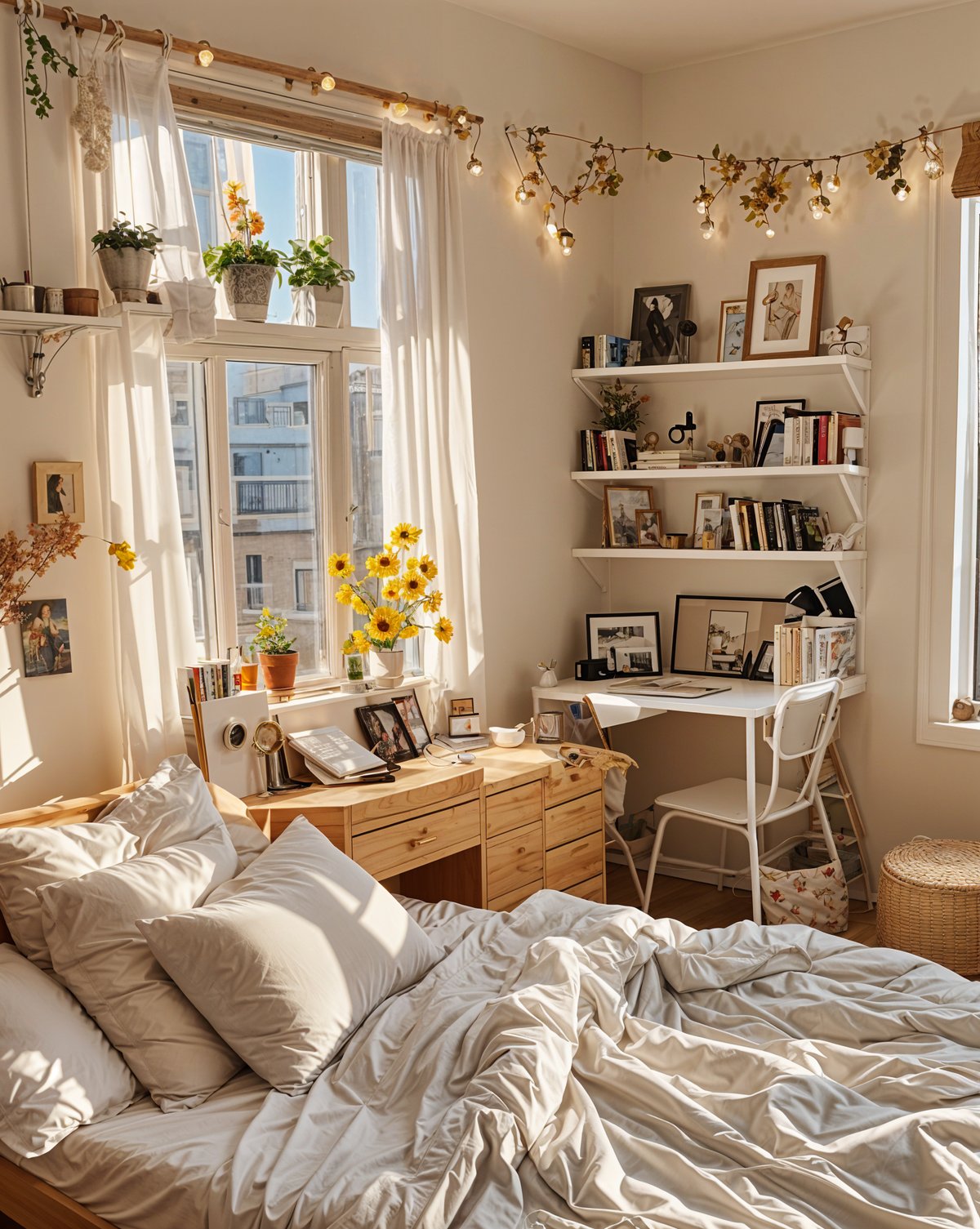 A cozy dorm room with a bed, desk, and bookshelf. The room is decorated with yellow flowers and has a window that lets in natural light. The bed is made with white sheets and pillows, and there is a chair next to the desk. The bookshelf is filled with books, creating a comfortable and inviting atmosphere.