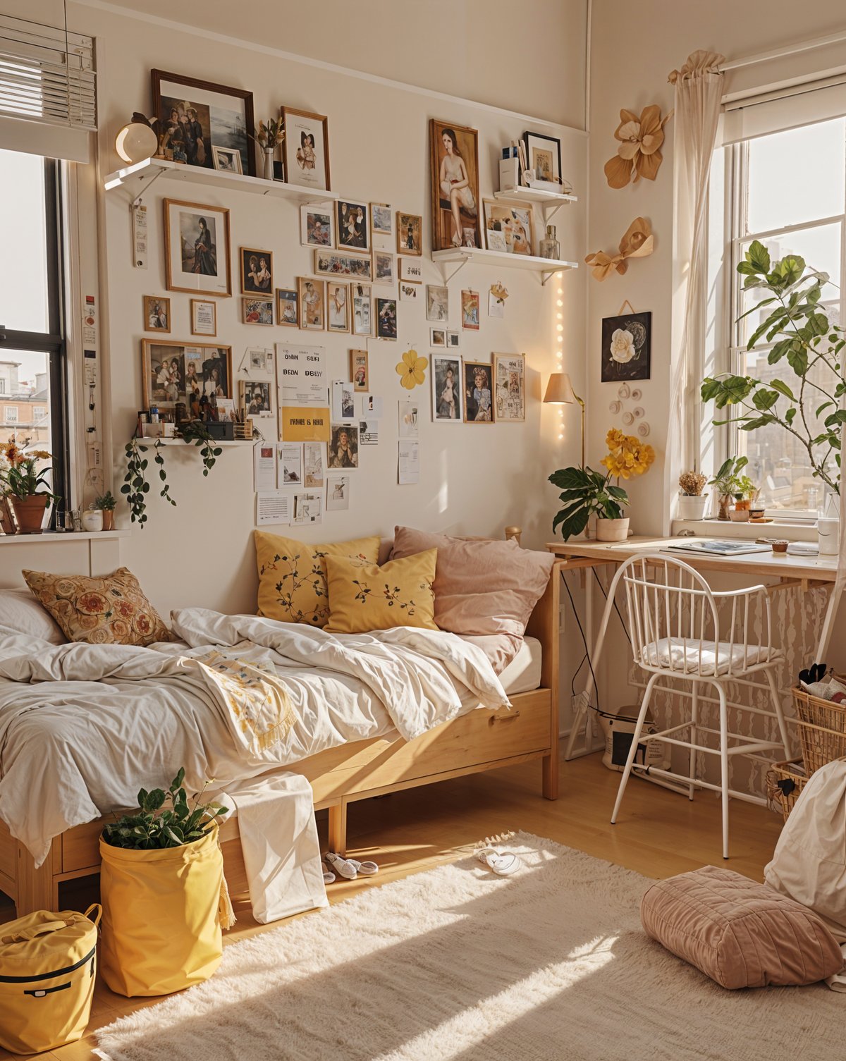 A cozy dorm room with a bed, desk, and chair. The room is decorated with various potted plants and pictures on the wall, creating a warm and inviting atmosphere.