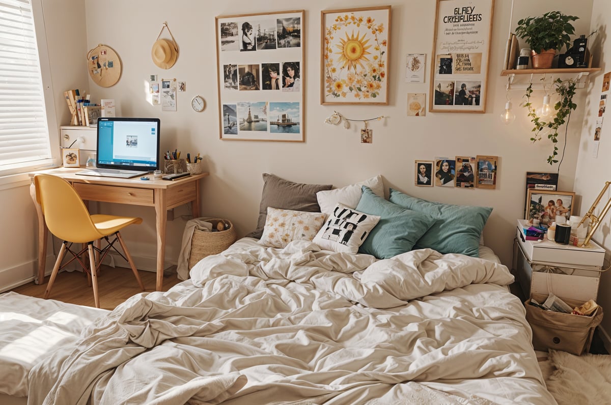 A bedroom with a bed, desk, laptop, pillows, and a teddy bear. The room is decorated with pictures on the wall and a clock.