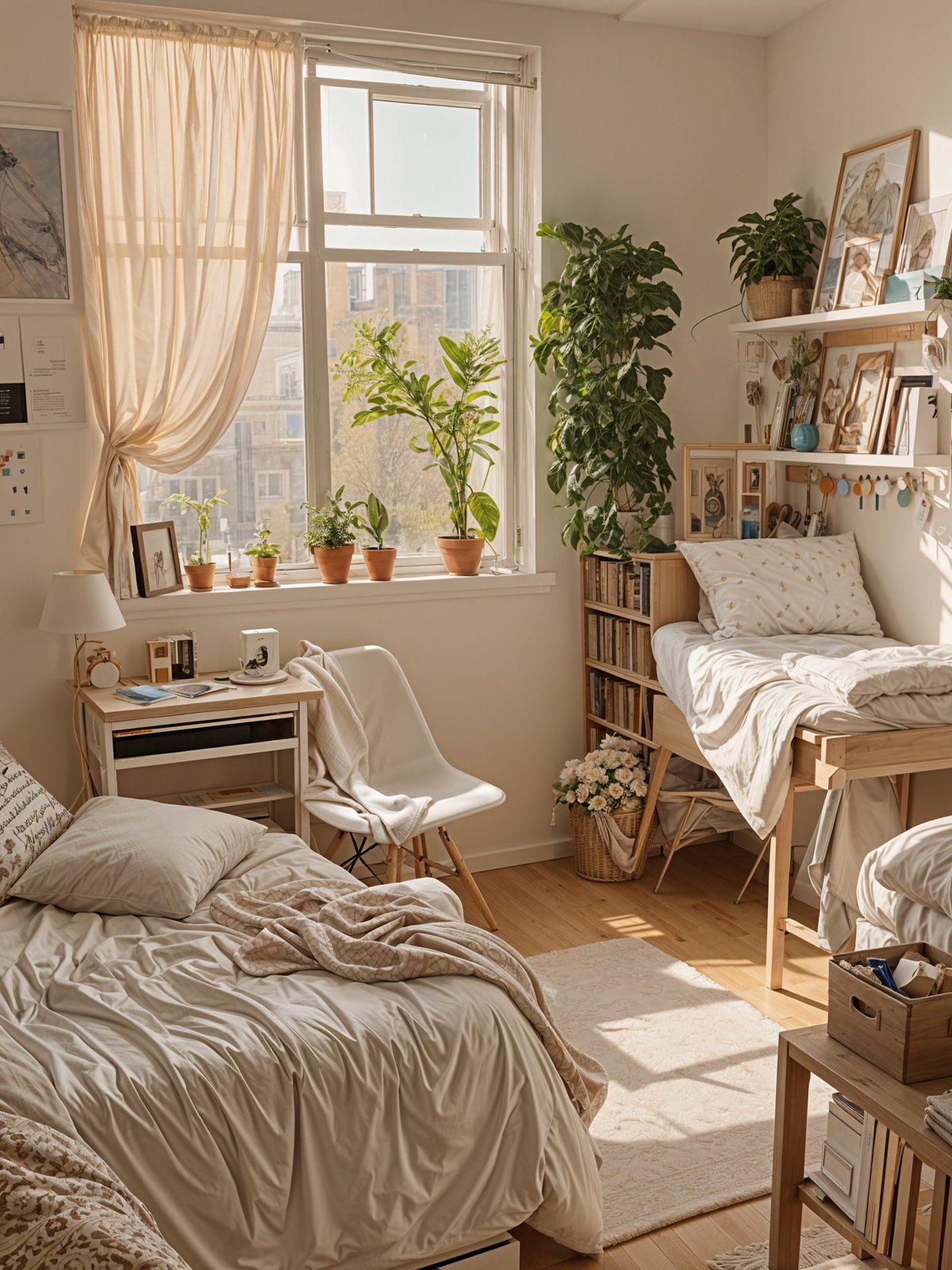 A cozy dorm room with a bed, chair, and potted plants. The room is decorated with white furniture and features a large window that allows for plenty of natural light.