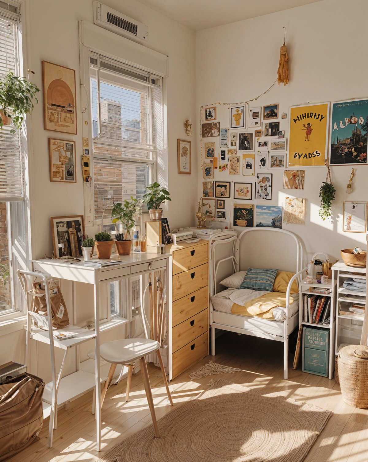 A cozy dorm room with a bed, desk, and shelves. The room is decorated with various pictures and has a window that lets in plenty of natural light. The bed is situated next to a desk with a chair, and there are several potted plants throughout the room, adding a touch of greenery to the space. The room also features a bookshelf with numerous books, indicating that the occupant enjoys reading. Overall, the room has a warm and inviting atmosphere, perfect for a college student.