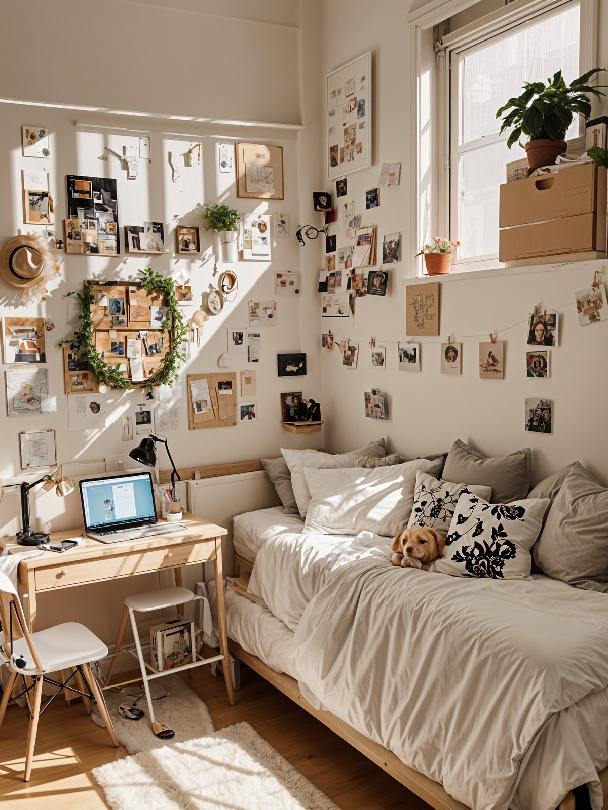 A dorm room with a bed, desk, and laptop, featuring a wreath and many pictures on the walls.