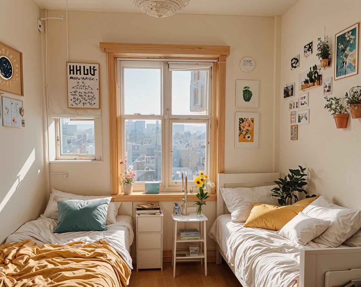 A dorm room with two beds, a table, and a window. The room is decorated with potted plants and pictures on the wall.