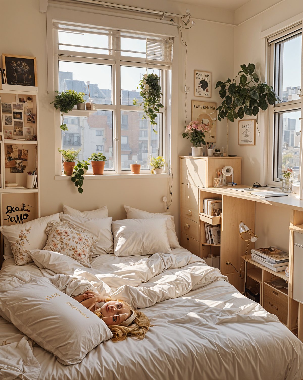 A cozy dorm room with a large bed, a window, and various decorations such as potted plants and books. The bed is covered in white linens and has a cat lying on it. The room is bright and inviting, with a touch of greenery from the plants and a comfortable atmosphere created by the bed and window.