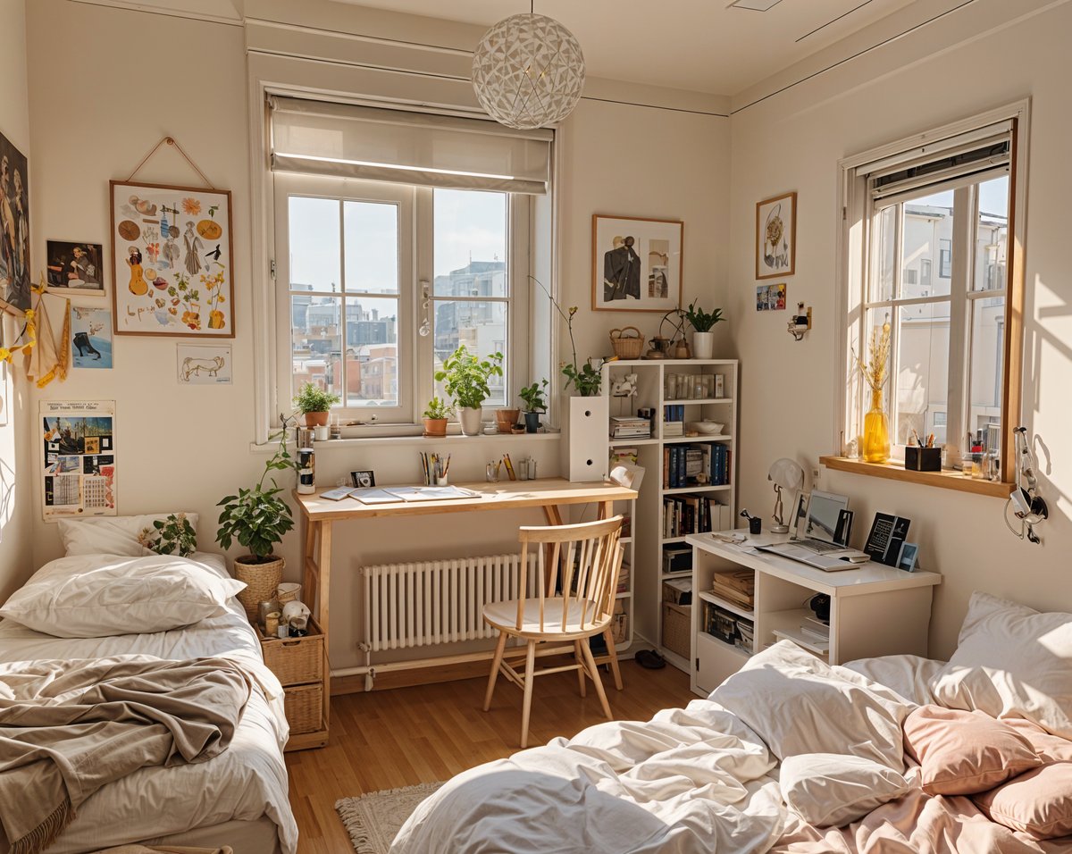 A bedroom with a bed, desk, and bookshelf. The room is filled with potted plants and has a large window.