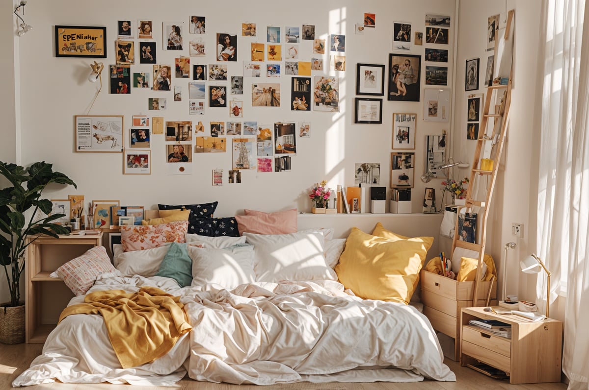 A bedroom with a bed, pictures on the wall, and a nightstand with a vase and potted plant.