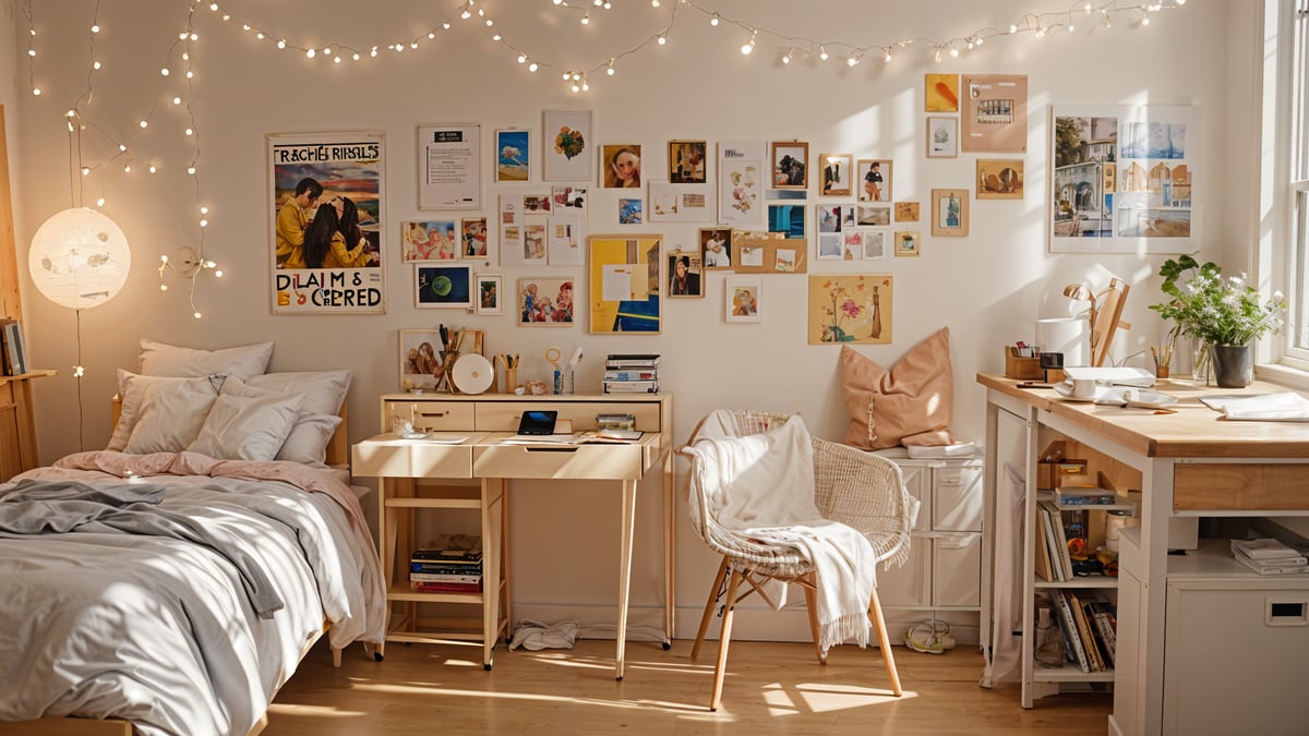 A dorm room with a white color scheme and many pictures on the wall.