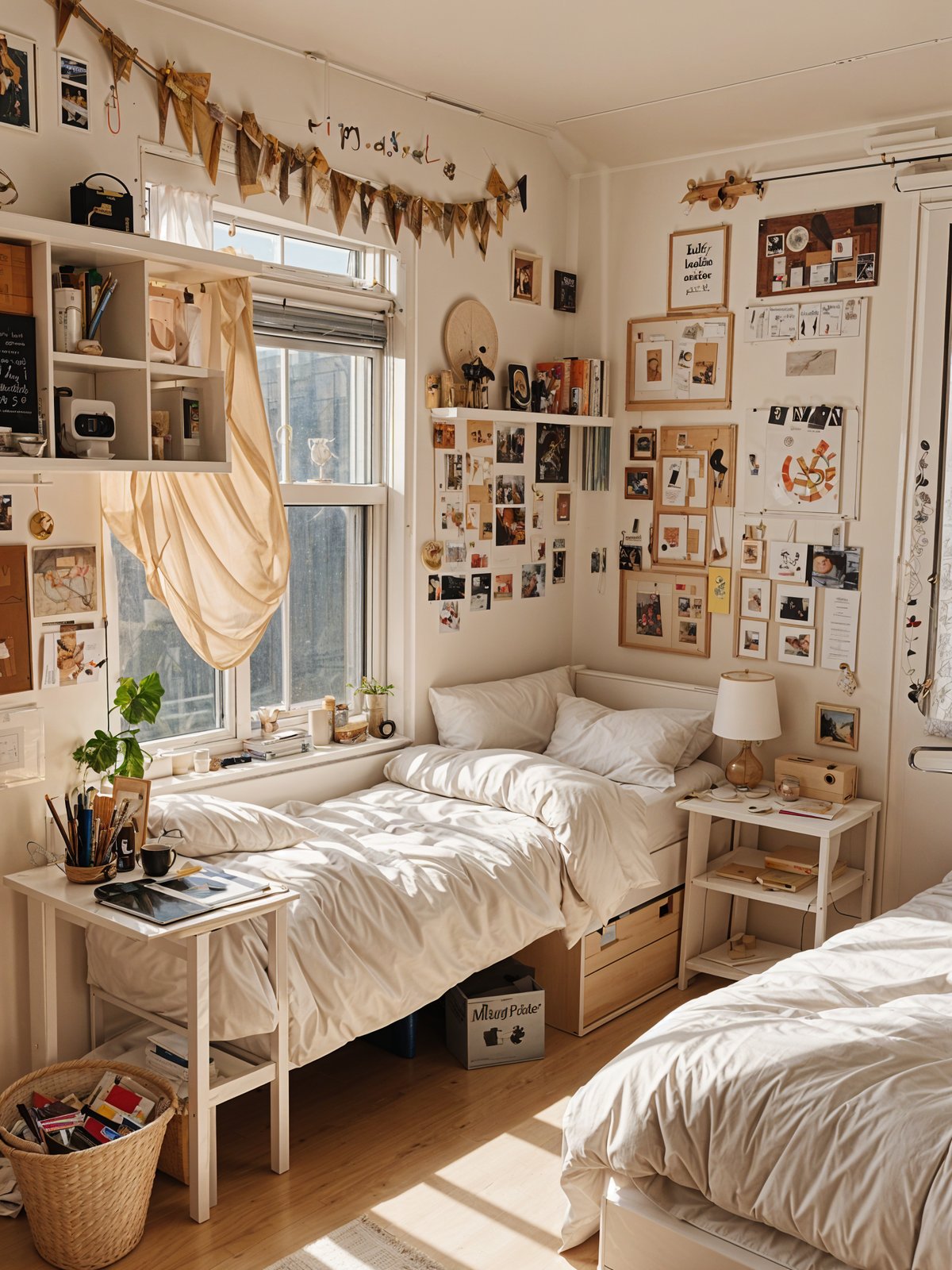 A cozy dorm room with a twin bed, a desk, and a window. The room is decorated with various pictures and has a comfortable atmosphere.