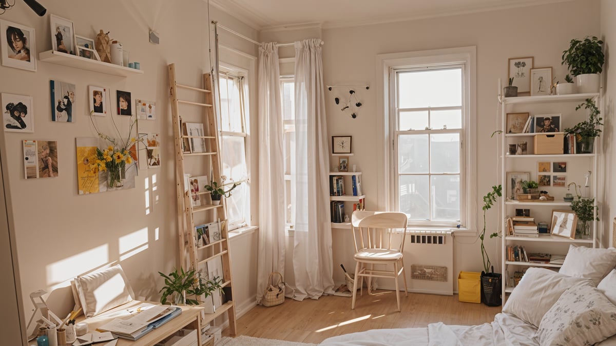 A dorm room with a white bed and chair by the window.