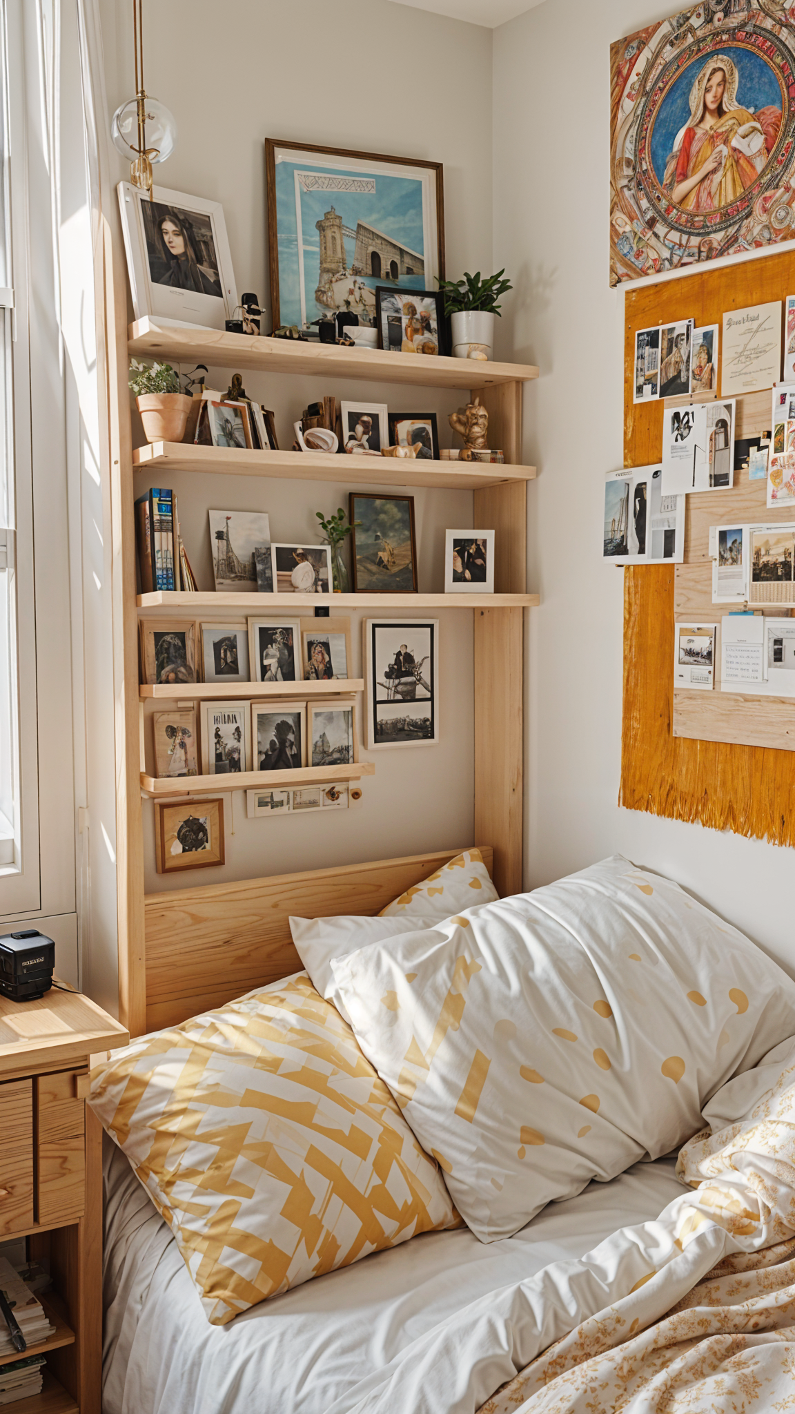 A cozy dorm room with a bed and a bookshelf filled with pictures and books. The bed has a yellow and white blanket and pillows. The bookshelf is filled with various items, including books, pictures, and a potted plant. The room has a warm and inviting atmosphere, perfect for relaxation and study.