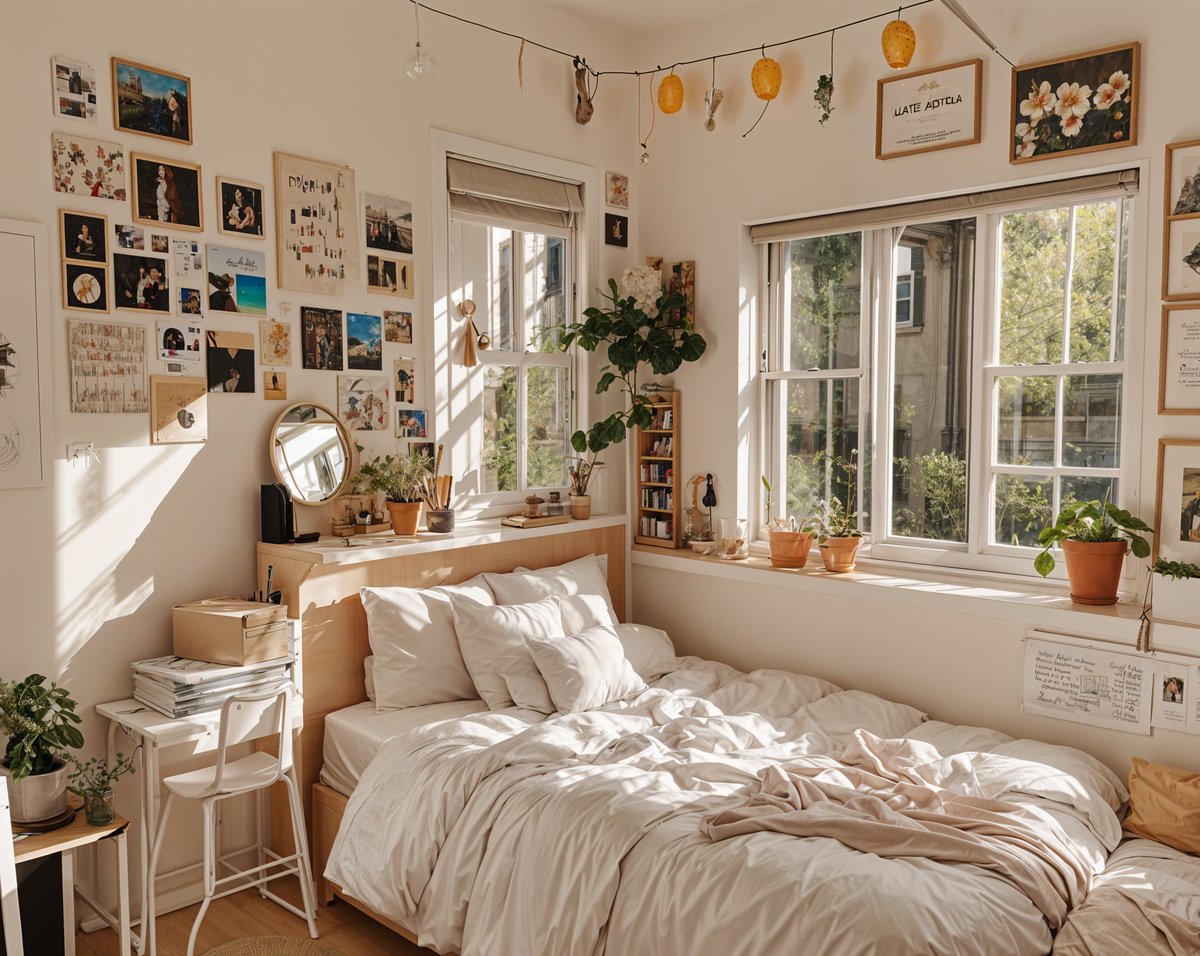 A dorm room with a white bed, a dresser, and a window. The room is decorated with many pictures and plants, creating a warm and inviting atmosphere.