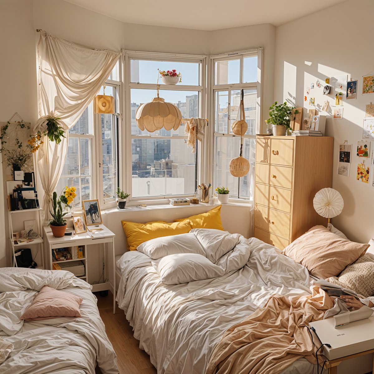 A cozy dorm room with two beds, a large window, and various decorations.