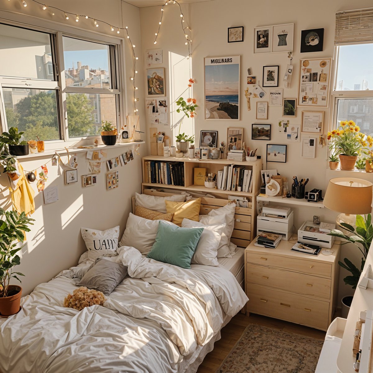 A cozy dorm room with a bed, bookshelf, and various decorations. The room has a white color scheme and is filled with potted plants and pictures on the walls. The bed is covered in white sheets and has a stuffed animal on it. The bookshelf is filled with books, and there are also several vases and potted plants throughout the room, adding to the overall warm and inviting atmosphere.