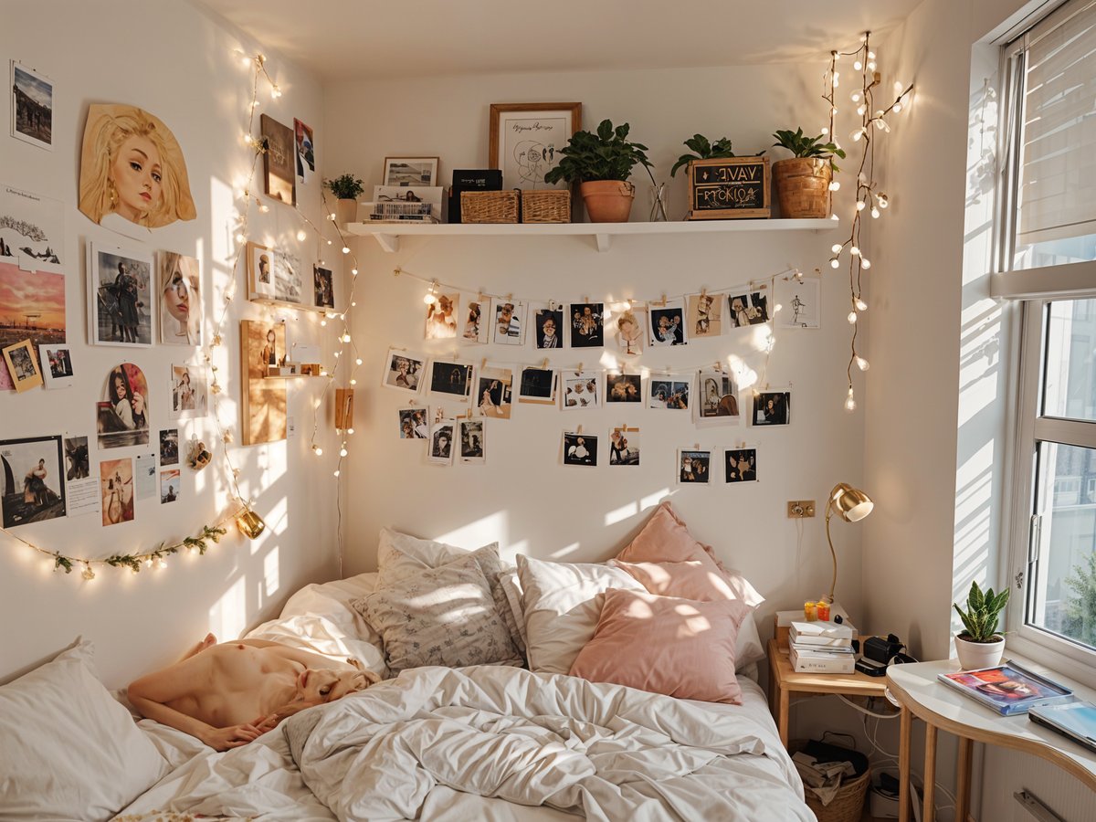 A cozy dorm room with a bed, shelf, and string lights on the wall.