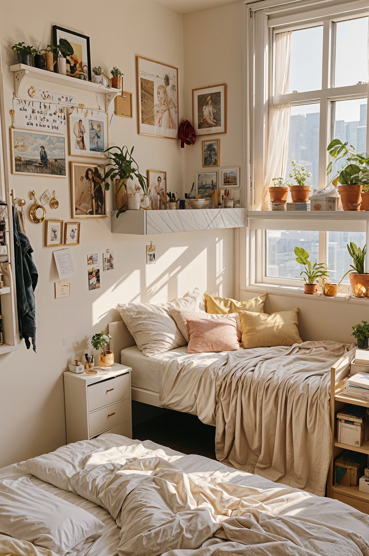 A dorm room with a twin bed and a window. The bed is covered with a white blanket and has a white headboard. There are several potted plants and pictures on the walls, giving the room a cozy and personalized feel.