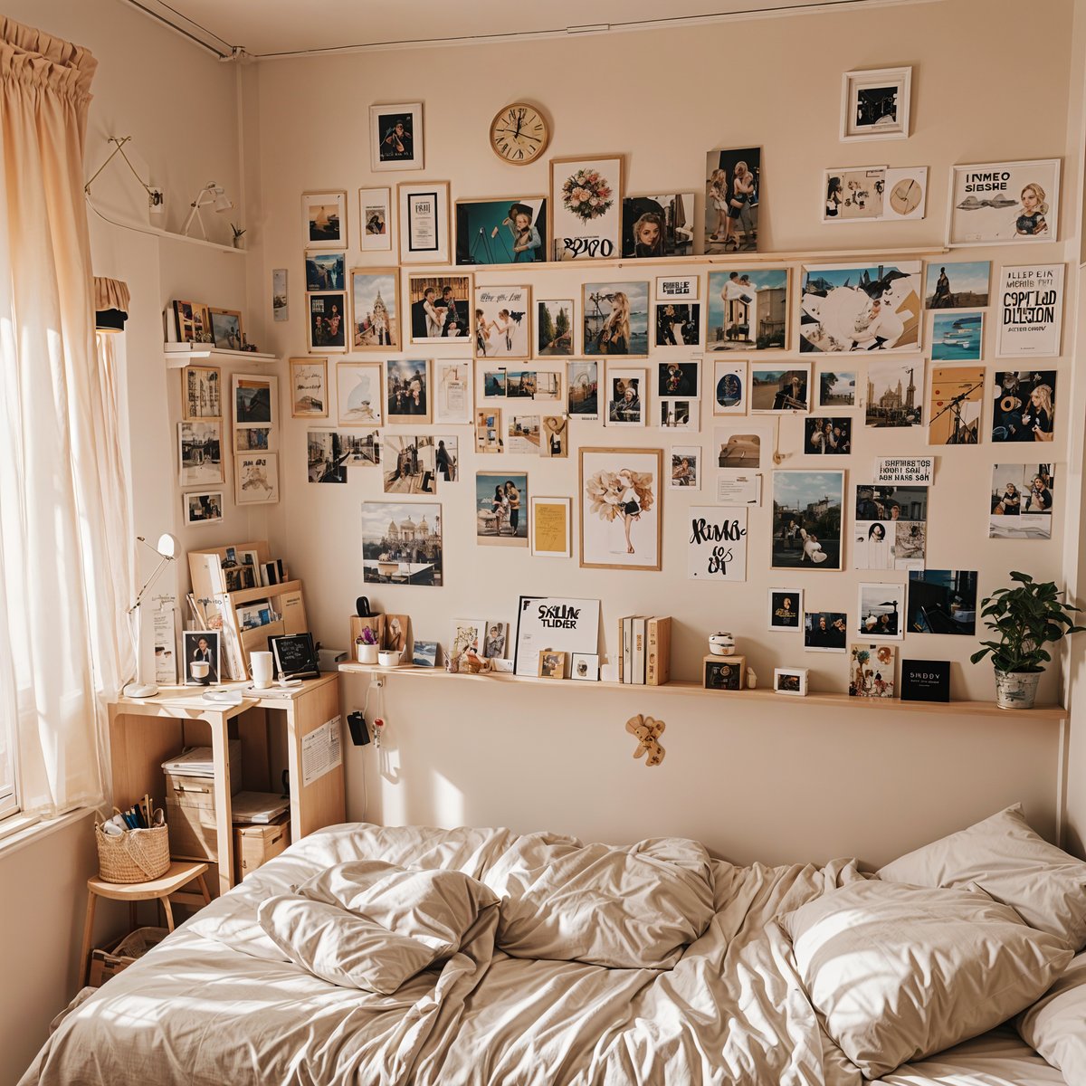 A bedroom with a bed and a wall full of pictures. The bed is neatly made with white sheets and pillows, and the room is decorated with various photos and knick knacks.