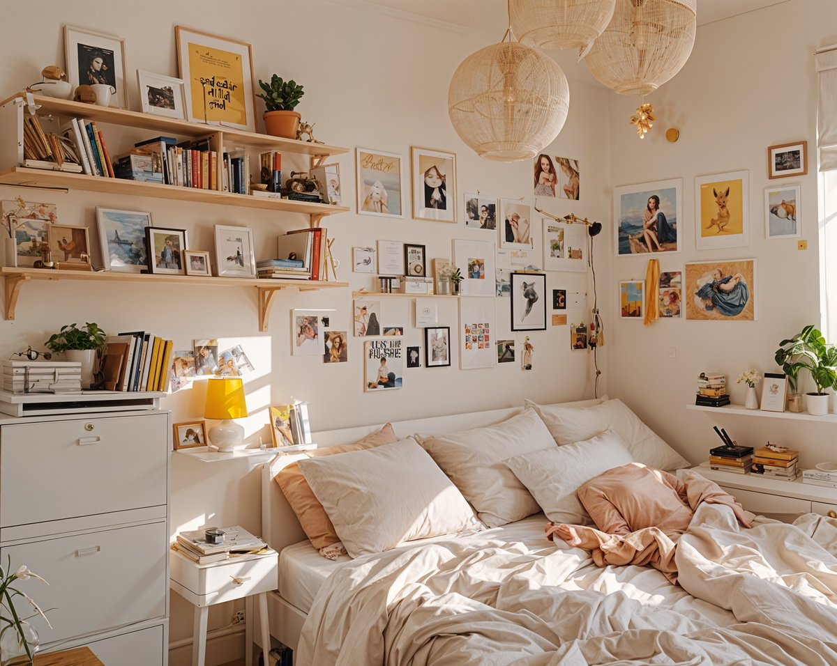 A cozy dorm room with a white bed, pink blanket, and many pictures and artwork on the walls.